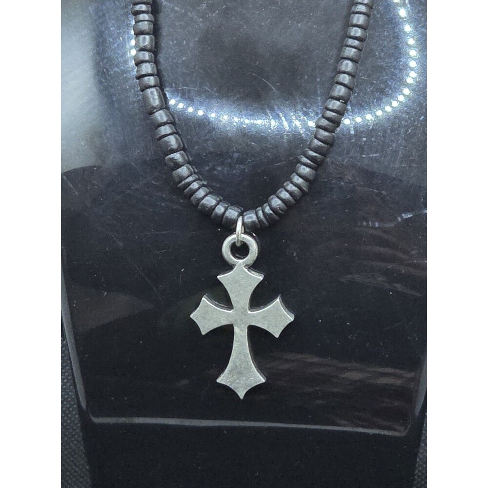 BSD Bob Siemon Silver Color Gothic Cross and Black Necklace 19 inches